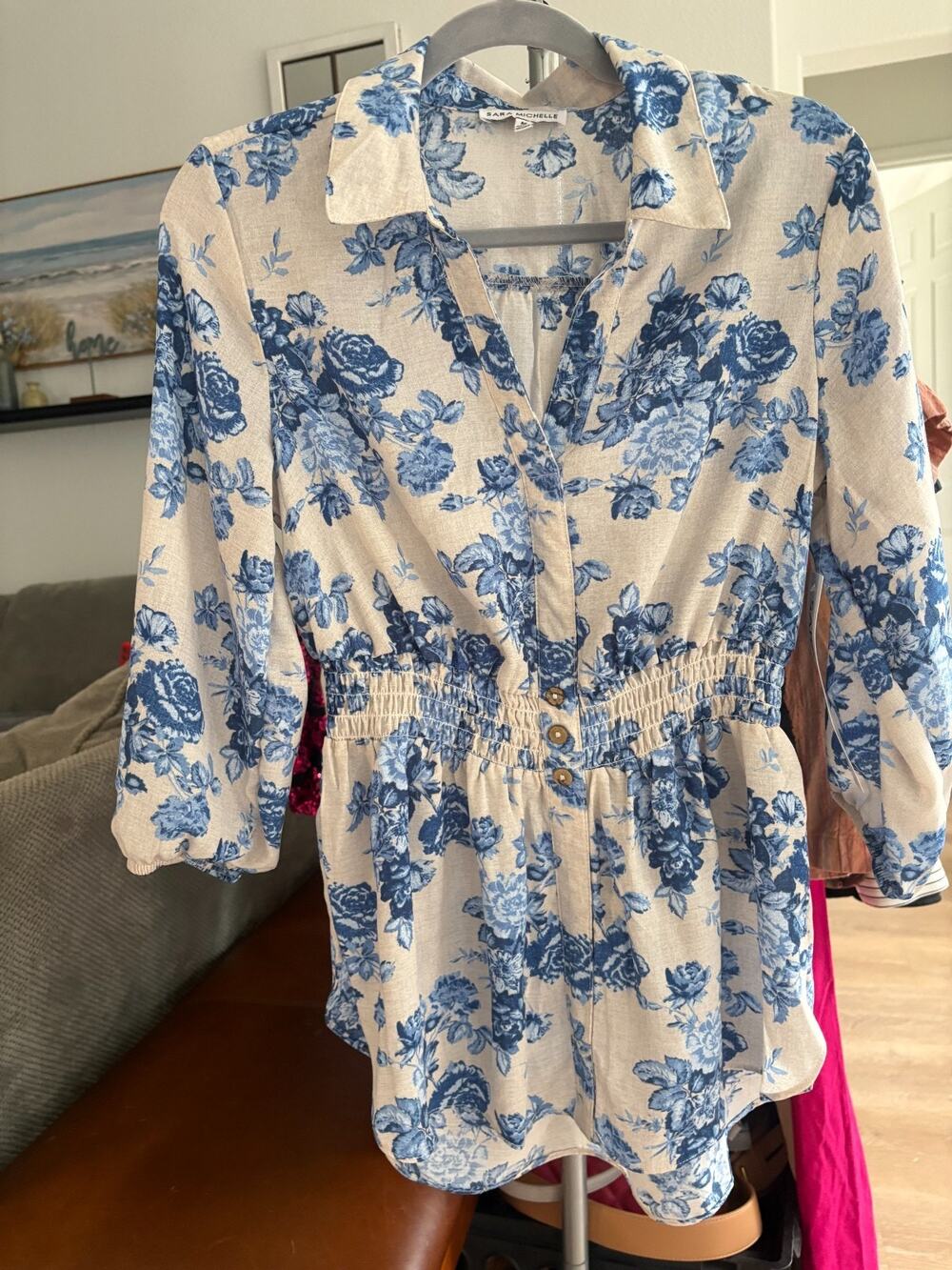 Sara Michelle Blue Floral Toile Blouse Smocked Waist V-Neck Romantic Top M 6-10